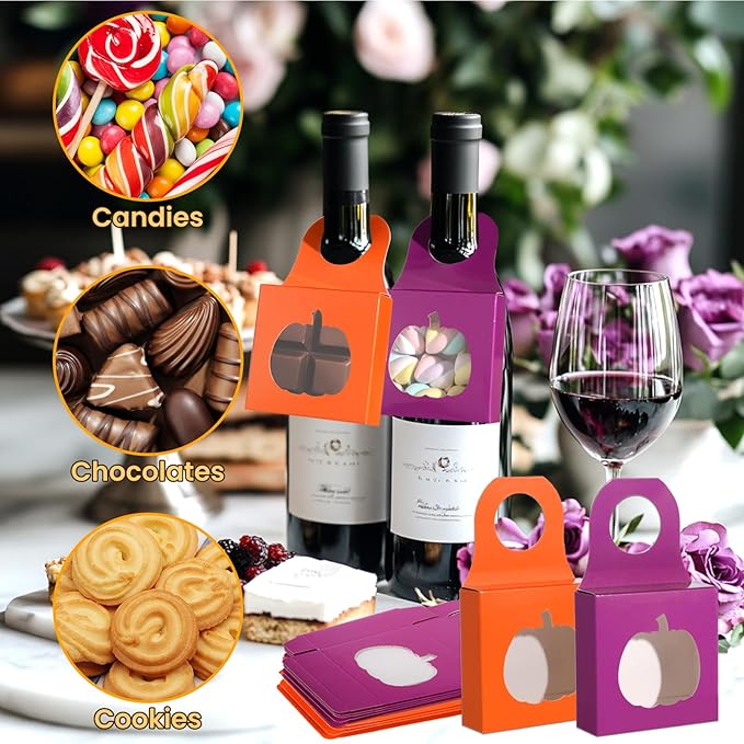 Megitzuu 30PCS Wine Bottle Box with Window, Kraft Paper Wine Boxes for Halloween Gifts Hanging Pumpkin Treat Box Mini Charcuterie Boxes Wine Bottles Gift Bags Goodies Candy Box Party Favor (Pumpkin)