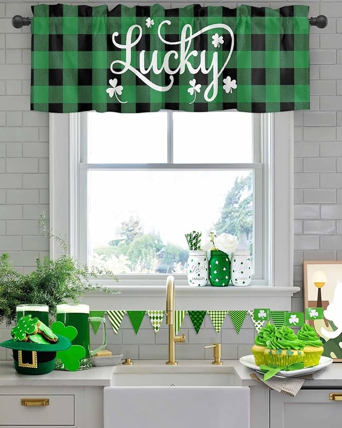 St. Patrick's Day Buffalo Plaid Kitchen Curtains Valances for Windows Lucky Shamrocks Clover Rod Pocket Window Treatment for Kitchen /Living Room/Bedroom/ Bathroom, 42" X 12", Rustic Green Black