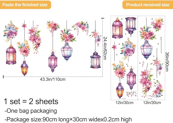Hanging Flower Vine Wall Stickers Floral and Lamp Peel and Stick Wall Art Decals Flower Vine Wall Decor for Living Room Bedroom TV Background Spring Party Decoration