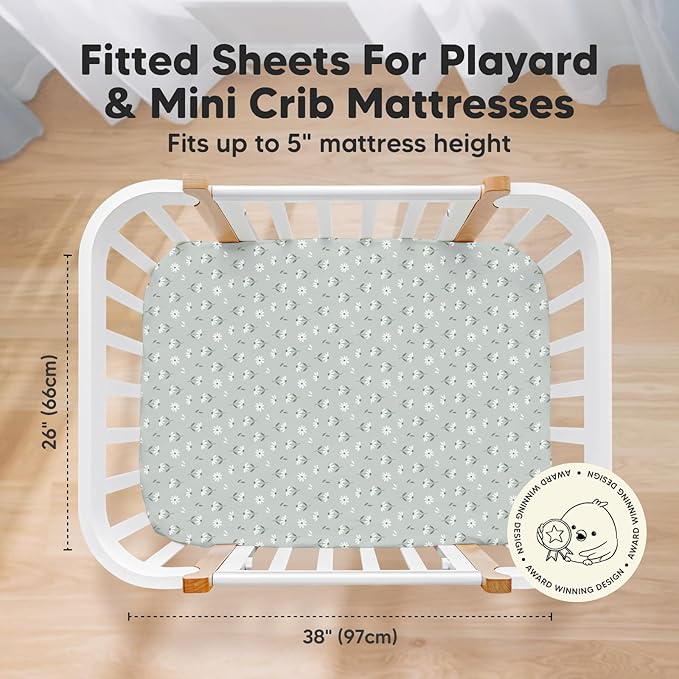 Pack and Play Sheets Fitted, 2-Pack Mini Crib Sheets - Pack N Play Sheets, Organic Fitted Crib Sheet for Pack and Play Mattress, Playard Baby Crib Sheets, Crib Sheets Neutral for Boys (Daisies)