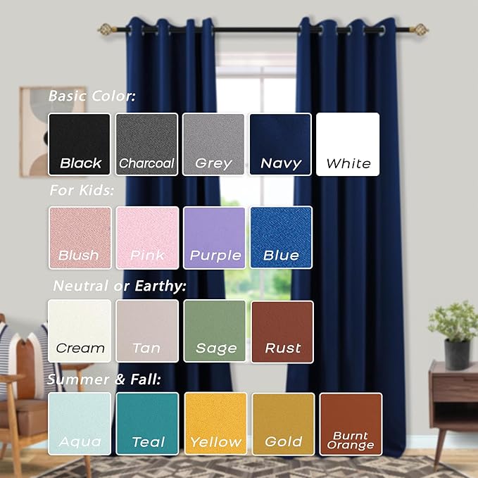 Mrs.Naturall Navy Blue Blackout Curtains 96 Inches Long,Room Darkening Black Out Grommet Midnight Dark Blue Curtains for Bedroom Living Room 96 Inch Length 2 Panels Set