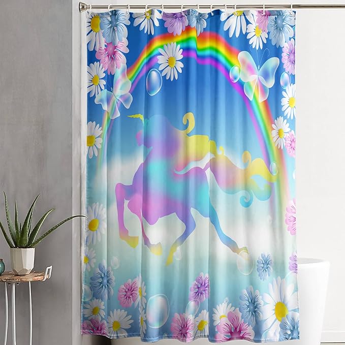 AILONEN Unicorn Shower Curtain, Kawaii Rainbow Unicorn Theme Bathroom Decor,Colorful Flower Butterfly Waterproof Fabric Shower Curtain Set for Girls Teens Kids,36" W*72" H