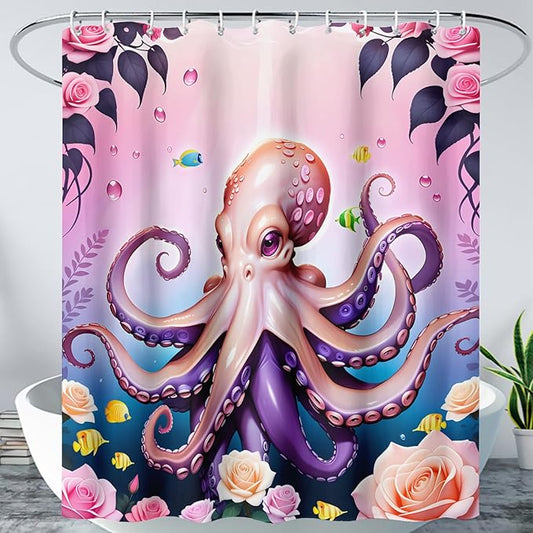 AILONEN Cartoon Pink Octopus Shower Curtain for Bathroom,Octopus Tentacles with Rose Bath Curtain for Kids,Girls,Ocean Animal Theme Waterproof Fabric Shower Curtain Set with Hooks,48" W*72" H