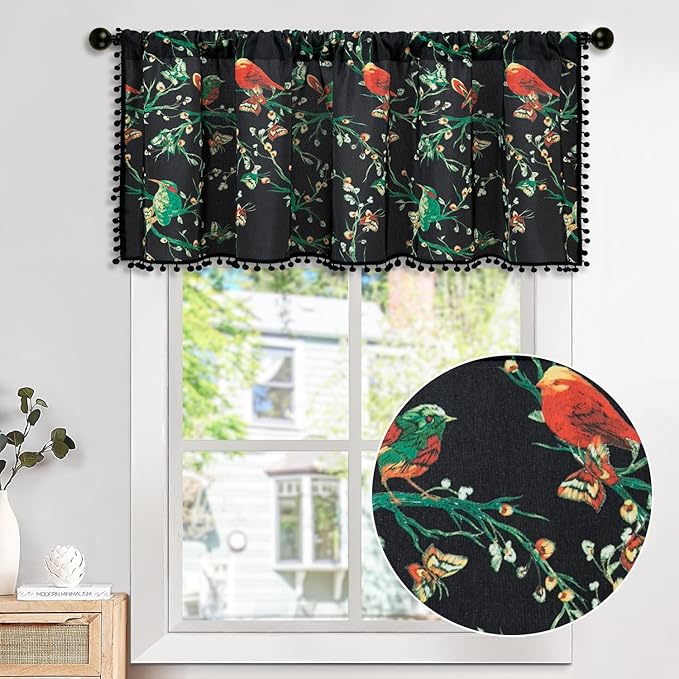 Leeva Birds & Butterflies Printing Curtain Valances, Rod Pocket Boho Short Drapes for Kitchen, Pom Pom Tasseled Small Window Treatment for Bathroom, 52 x 18, 1 Piece