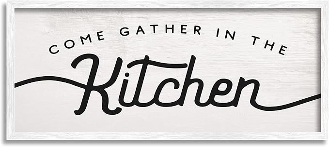 Stupell Industries Come Gather in The Kitchen Sign Family Charm, Designed by Daphne Polselli White Framed Wall Art, 10 x 24