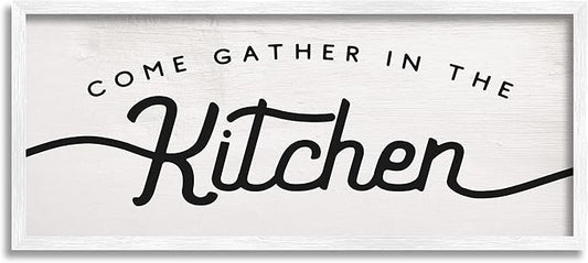 Stupell Industries Come Gather in The Kitchen Sign Family Charm, Designed by Daphne Polselli White Framed Wall Art, 10 x 24