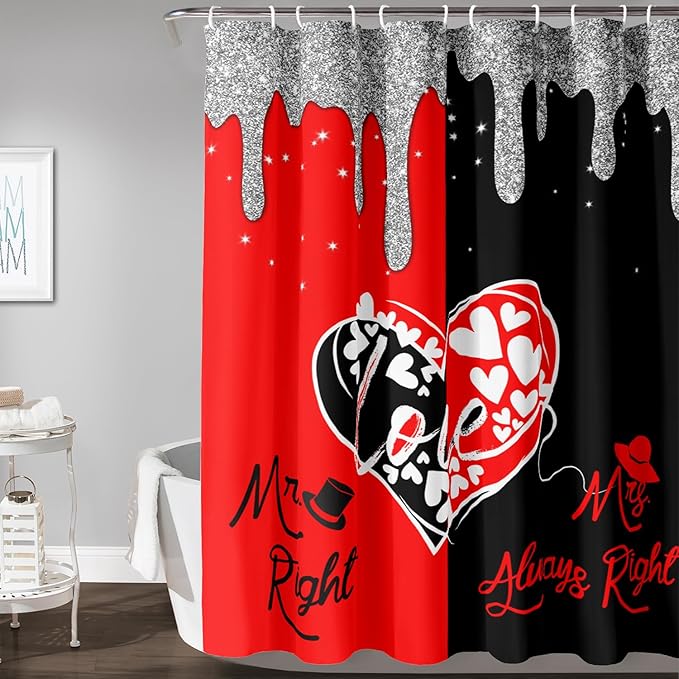 AILONEN Mr Mrs Black and Red Shower Curtain,Love Hearts Pattern Mr Right Mrs Always Right Theme Bath Curtain,Modern Print Decoration Waterproof Shower Curtain with 12 Plastic Hooks, 48" W*72" H