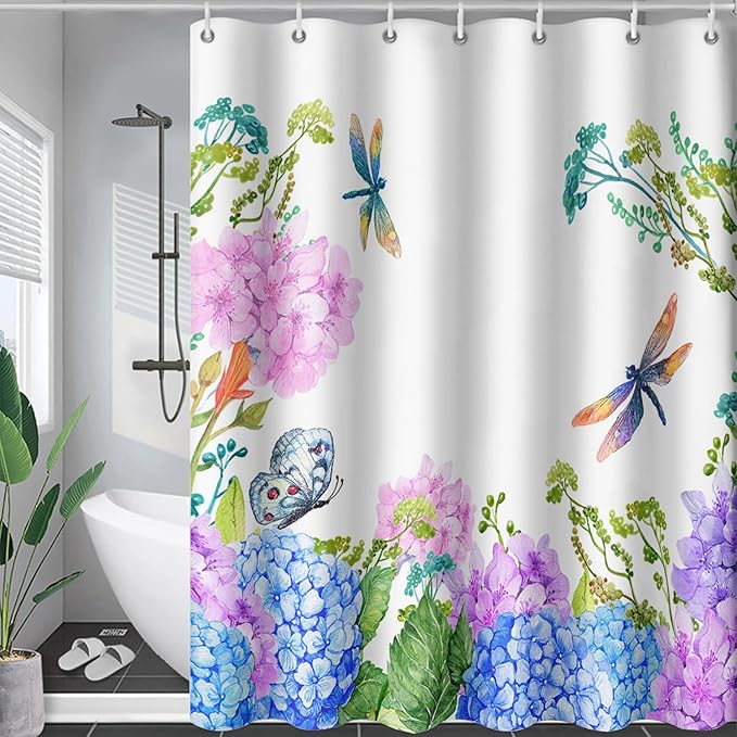 AILONEN Purple Blue Floral Shower Curtain,Watercolor Flower Leaves Wildflower Decorative Bath Curtain 60" W*72" H Polyester Fabric Waterproof Bathroom Curtain with 12 Plastic Hooks
