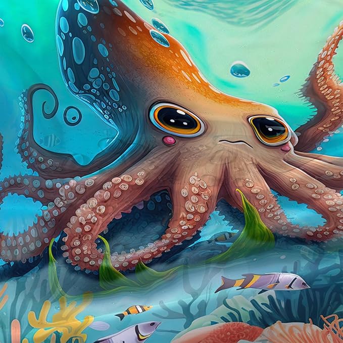 AILONEN Cute Cartoon Octopus Shower Curtain,Beautiful Sea World Theme theme Bath Curtain Cloth Fabric Bathroom 72" W*78" H Inch,12 Pack Hooks for Kids Child Sea Animal Bathroom Curtain