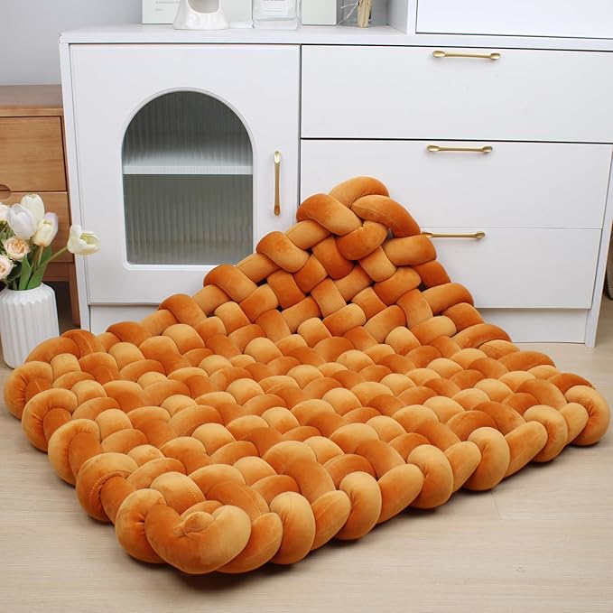 XHJRI Thickened Braided Knot Seat Mat, Knotted Floor Decorative Cushion, Handmade Baby Infant Playing Pad Nursery Rug (27.5 * 31.5 Inch,Special Orange 50)