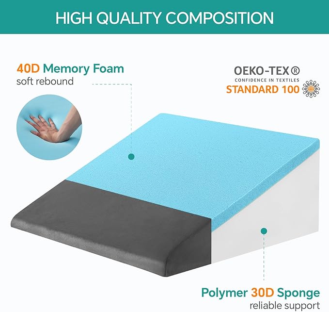 Bed Wedge Pillow for Sleeping, 8 Inch Memory Foam Wedge Pillow Post Surgery, Triangle Pillow Wedge, Elevated Support Pillows for Sleeping, Acid Reflux & Snoring - Removable Washable Cover