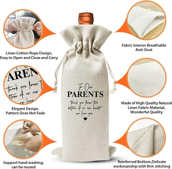 EUFJDKSL Wine Gift Bag For Our Parents, Wedding Or Engagement Party Decorations, Drawstring Burlap Wine Bottle Bags, Gift for Parents, Thank You Our Parents