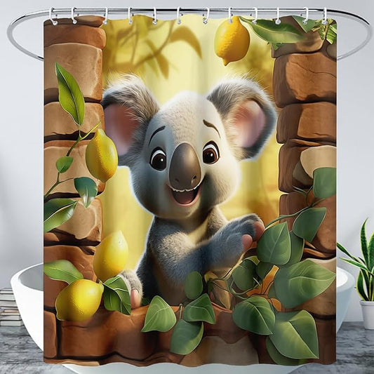 AILONEN Cartoon Koala Shower Curtain for Kids,Kawaii Lemon Koala Shower Curtain for Bathroom,Lovely Animals Shower Curtain Set with Hooks,60" W*72" H