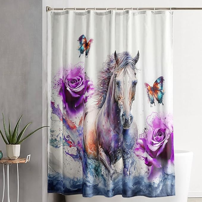 AILONEN 3D Horse Shower Curtain,Galloping Horses with Butterfly Waterproof Fabric Shower Curtains for Bathroom,Oil Purple Rose Bath Curtain Set with Hooks, 72" W*72" H