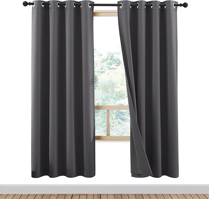 NICETOWN 100% Blackout Curtains with Same Color Liners, Thermal Insulated Full Blackout 2-Layer Lined Drapes, Energy Efficiency Window Draperies for Bedroom (Grey, 2 Panels, 52-inch W by 63-inch L)