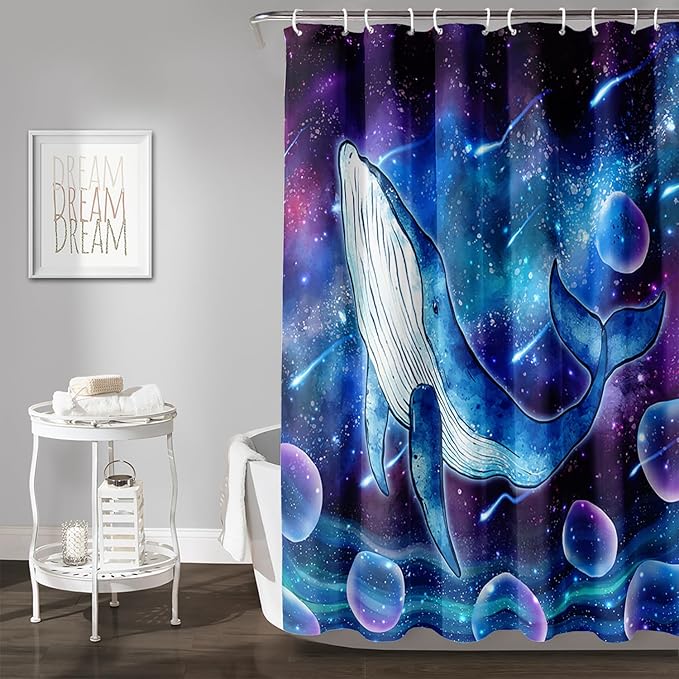AILONEN Cartoon Blue Whale Shower Curtain,Swimming Whale Fabric Shower Curtains for Bathroom,Starry Night Bathroom Curtains for Kids Girls Boys,Fantasy Whale Bath Curtain Set, 72" W*84" H