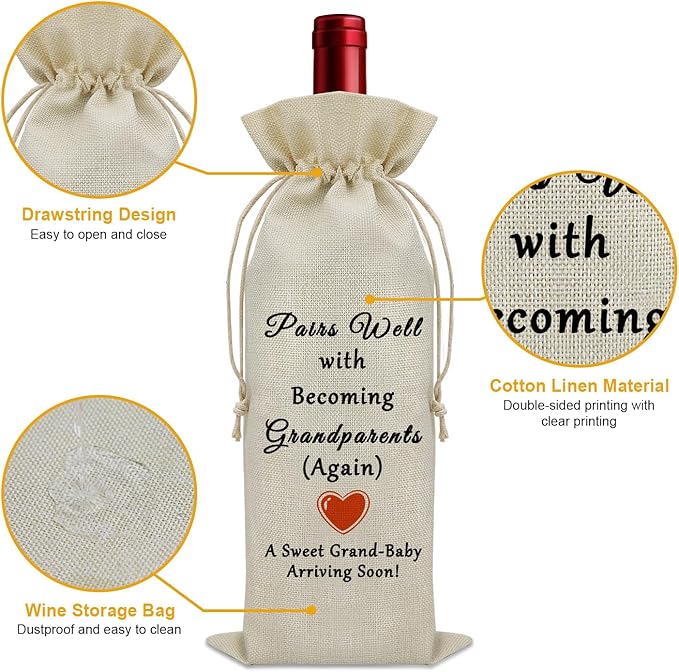 Pregnancy Announcement Gift for Grandparents Wine Bag Baby Reveal Gifts for Grandparents New Baby Gifts Ideas Wine Bottle Decoration Bag Baby Shower Party Gift Wine Accessories Gifts for Wine Lovers