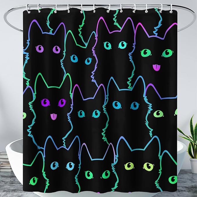 AILONEN Cute Cat Shower Curtain for Bathroom,Gradient Line Kawaii Kitten Bath Curtain for Kids Boys Girls,Color Cartoon Animal Polyester Waterproof with 12 Plastic Hooks 36" W*72" H