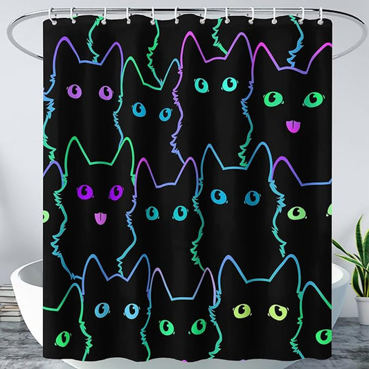 AILONEN Cute Cat Shower Curtain for Bathroom,Gradient Line Kawaii Kitten Bath Curtain for Kids Boys Girls,Color Cartoon Animal Polyester Waterproof with 12 Plastic Hooks 72" W*96" H
