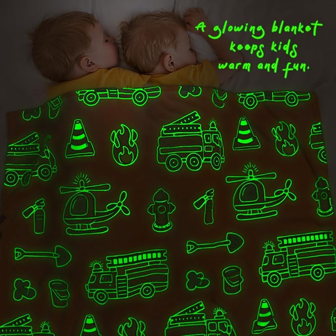 Glow in The Dark Blanket Toddler Fire Truck Gifts Toys for Boys Soft Kids Blankets for Birthday Gifts