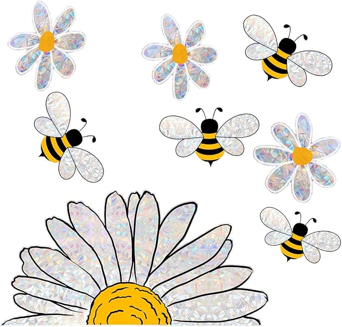 8Pcs Rainbow Window Clings,Bee Flowers Suncatcher Sticker for Window,Window Cings for Glass Windows,Bird Deterrent for Windows (Bee Flowers)