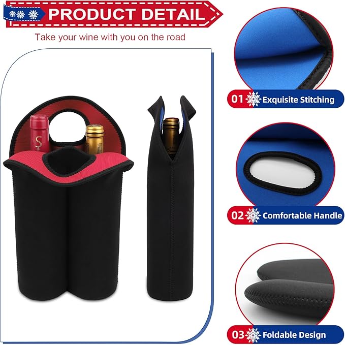 Desing Wish 2-Bottle Set Wine Carrier Tote Bag for 750ml Red/White Wine Bottles, Insulated Neoprene Wine Cooler Bag Wine Gift Bags for Gift/Picnic/Party/Beach/Christmas - Blue