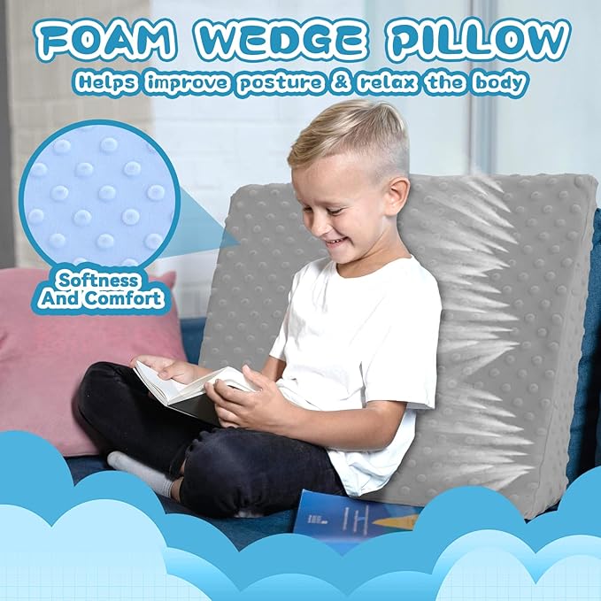 BlissfulAbode Wedge Pillow for Kids,Memory Foam for Back,Legs & Knees, Relaxation and Comfort, Soft and Breathable, Dot Texture Pillow for Reading Watching TV Gaming Sleeping, Fit for Sofa Floor Room