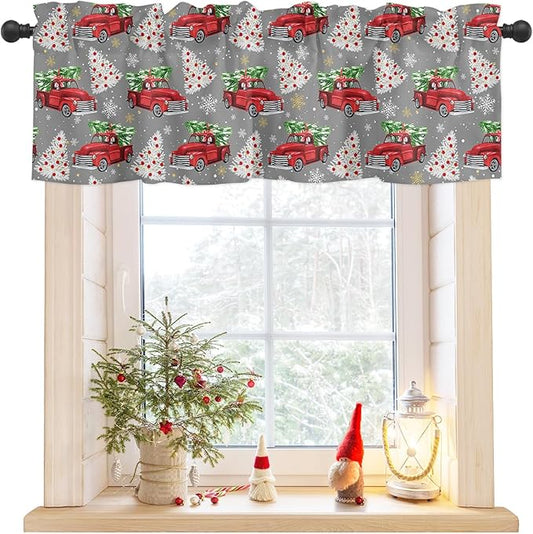Red Truck Christmas Valance Curtains for Kitchen Windows Merry Christmas Tree Rod Pocket Window Treatment Toppers for Kitchen/Living Room/Bedroom/Bathroom, 42" X 12", Winter Snowflake Grey