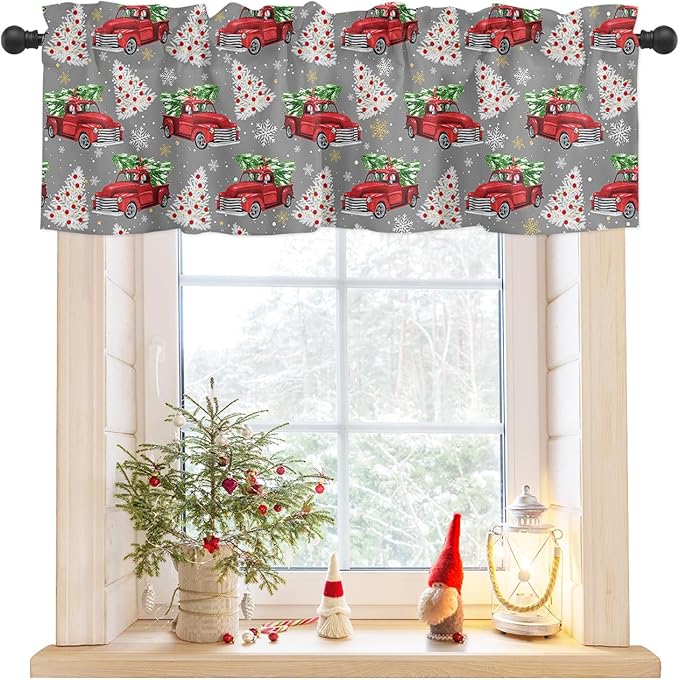 Red Truck Christmas Valance Curtains for Kitchen Windows Merry Christmas Tree Rod Pocket Window Treatment Toppers for Kitchen/Living Room/Bedroom/Bathroom, 42" X 18", Winter Snowflake Grey
