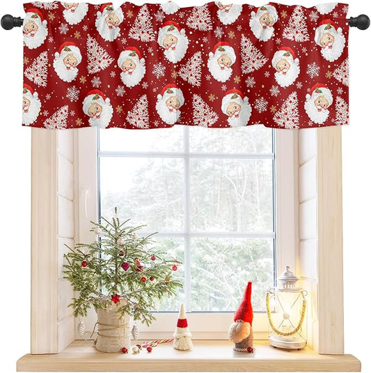 Red Christmas Valance Curtains for Kitchen Windows Santa Claus Merry Christmas Tree Rod Pocket Window Treatment Toppers for Kitchen/Living Room/Bedroom/Bathroom, 54" X 18", Winter Snowflake