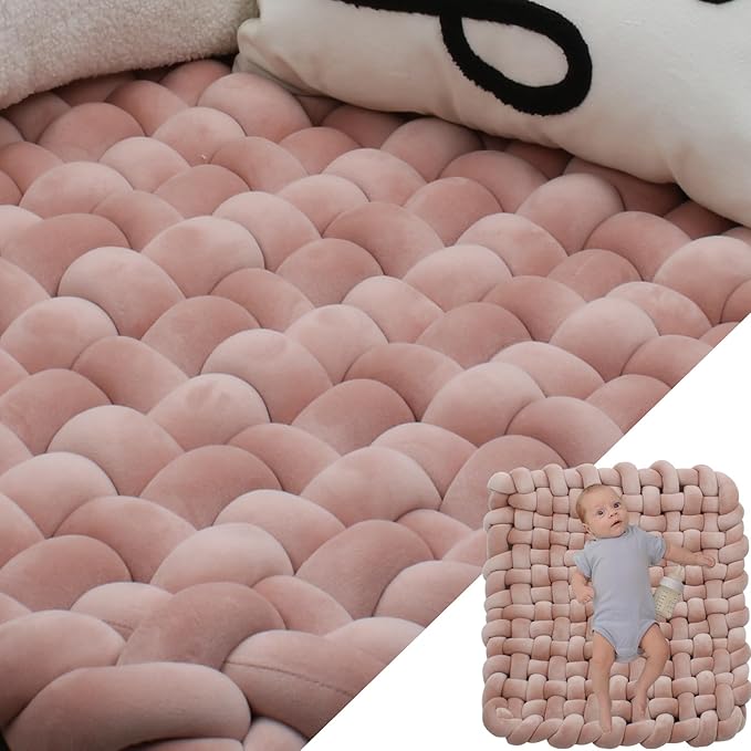 XHJRI Thickened Braided Knot Seat Mat, Knotted Floor Decorative Cushion, Handmade Baby Infant Playing Pad Nursery Rug (27.5 * 31.5 Inch,Dusty Rose)