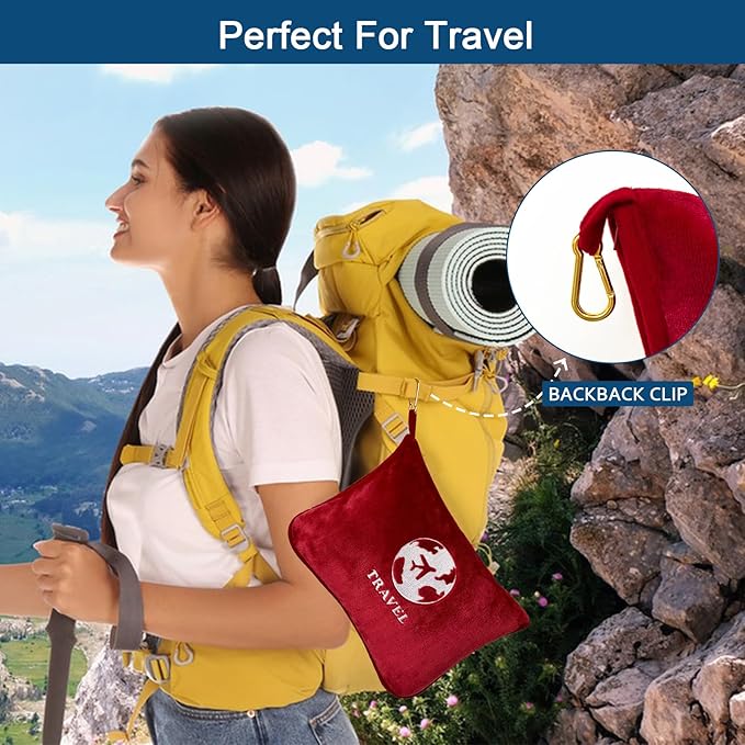 Bnuitland Travel Blanket and Pillow 2 in 1, Soft Flannel Airplane Blanket in Bag Compact-Long Flight Essential for Adults and Kids, Portable Luggage Sleeve and Backpack Clip, 65×40 inch Red