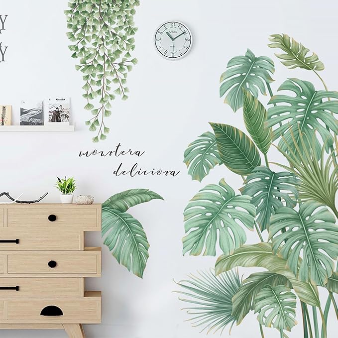 Green Plant Wall Stickers, Boho Tropical Plants Wall Decals for Living Room, DIY Wall Art Decor Murals Wallpaper Home Decorations for Living Room Bedroom Door Decor