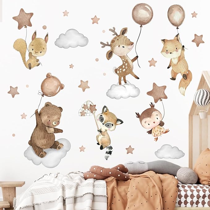 Mfault Jungle Baby Animals Wall Decals Stickers, Woodland Bear Deer Owl Fox Squirrel Raccoon Nursery Decorations Boys Girls Bedroom Art, Cloud Stars Balloon Neutral Toddlers Kids Room Playroom Decor