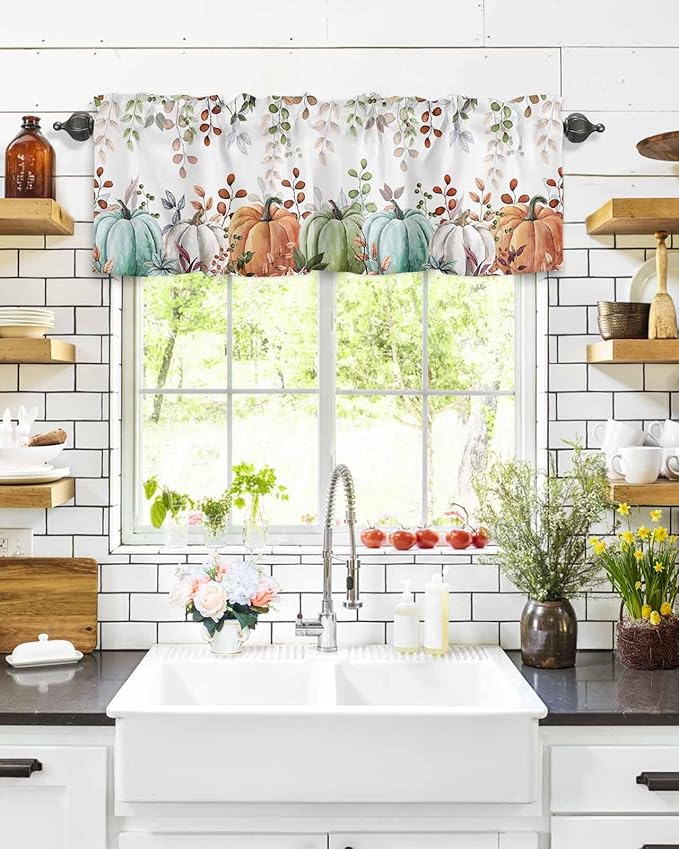 Fall Thanksgiving Kitchen Curtains Valances for Windows Autumn Pumpkins Eucalyptus Leaves Rod Pocket Window Treatment for Kitchen /Living Room/Bedroom/ Bathroom, 42" X 12", Blue Sage Green Orange