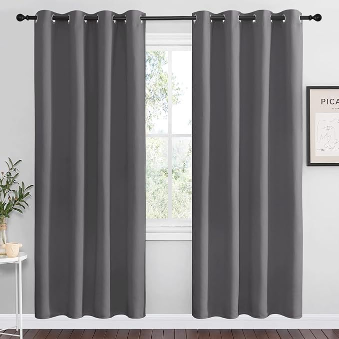 NICETOWN Blackout Curtains Panels for Bedroom - 3 Pass Microfiber Noise Reducing Thermal Insulated Solid Ring Top Blackout Window Drapes (2 Panels, 55 x 78 Inch, Gray)