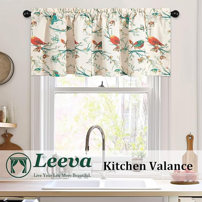 Leeva Branch and Birds Print Curtains Valances for Windows Porch, Thermal Insulated Rod Pocket Green Spring Style Small Curtains and Drapes for Kids' Room, One Panel, 52 x 18