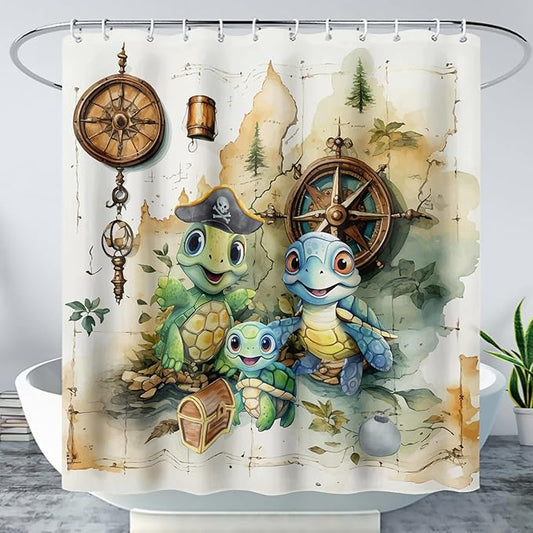 AILONEN Cartoon Sea Turtle Shower Curtain,Kawaii Turtle Bathroom Curtains for Kids,Girls,Nautical Compass Anchor Shower Curtains Set with Hooks for Bathroom,60" W*72" H