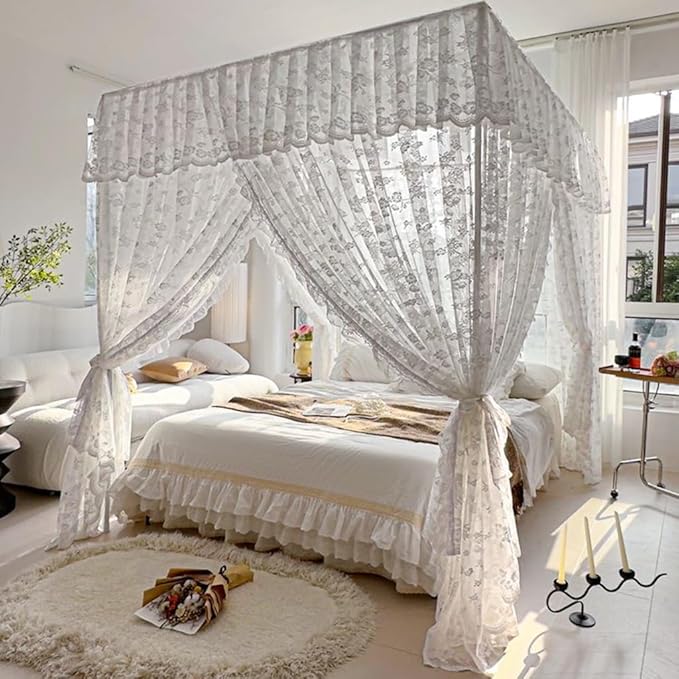 Elegant Princess 4 Corner Post Mosquito Net Romantic for Girls Women Bed Curtain Canopy for Adult Wedding Bedroom Kids Rooms Decoration (Type2-Beige-White, Queen)