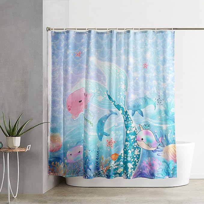 AILONEN Mermaid Tail Shower Curtain Set, Beautiful Glitter Mermaid Tail Cloth Bath Curtain for Bathroom,Cute Whale Jellyfish Polyester Waterproof Shower Curtain with Hooks,72" Wx72 H