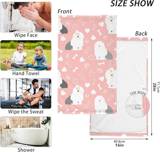 Pink Old English Sheepdog Bath Hand Towel Soft Cotton Highly Absorbent Fingertip Towels for Bathroom Beach Kitchen Sports Gym Yoga Travel (2-Pieces Towel Sets, 28x16 inch)