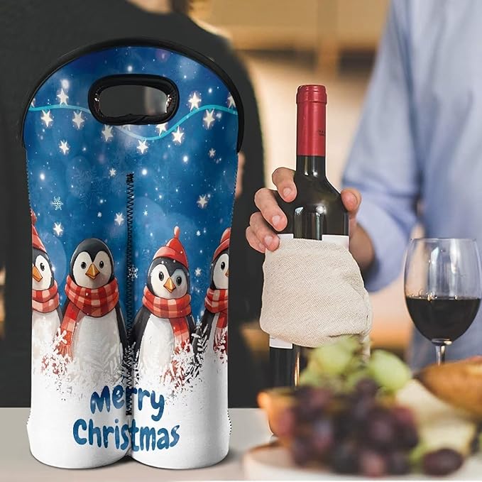 doginthehole Merry Christmas Wine Carrier Tote Bag for 2 Bottles Cute Penguin Neoprene Wine Bottle Holder with Carry Handle, Wine Protective Bag Beer Cans Water Bottle Holder for Travel Picnic