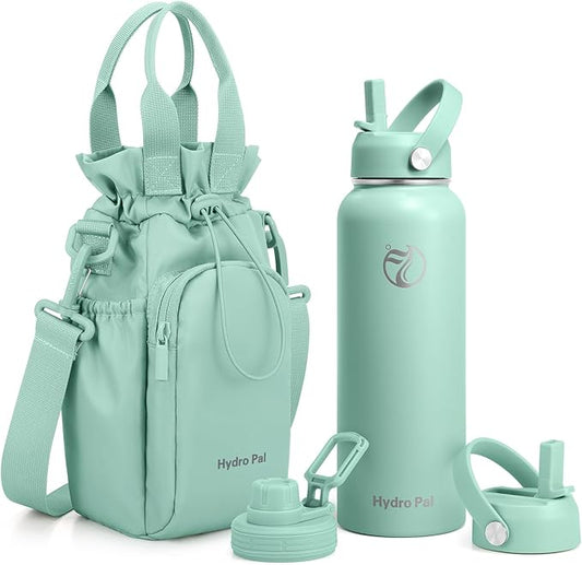 Insulated Water Bottles 32 oz with 2 Leak Proof Lids & Water Bottle Holder, Wide Mouth Sport Water Bottle with Straw, Reusable Stainless Steel Water Flask, Double Walled Vacuum Thermos