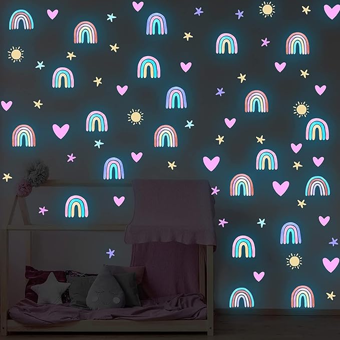 NICENEEDED 4 Sheets Glow in The Dark Rainbow Wall Decal, Glowing Luminous Small Rainbow Wall Stickers, Removable Self-Adhesive Ceiling Sticker Decals for Bedroom Decoration