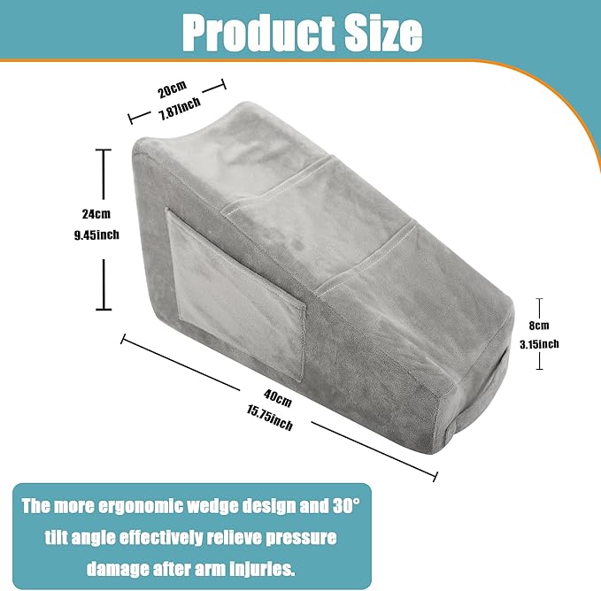 Sexysamba Arm Pillow Arm Elevation Pillow with 5 Pockets for Post Surgery Support Pillow for Elbow Arm Rest Wedge Pillow Shoulder Surgery Pillow with Removable Non-Slip Bottom Pillow Case - Grey