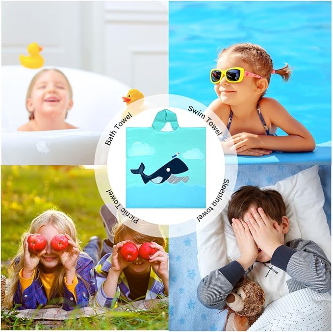 Kids Whale Hooded Beach Towel Boys Girls Cute Poncho Beach Pool Towels with Hood 24*62" Soft Microfiber Swim Cover-ups for Kids Ages 3-10 Thick Absorbent Cotton Hooded Bath Towels Bathrobe