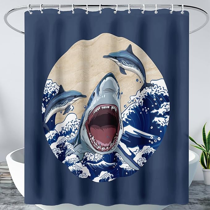 AILONEN Cartoon Shark Shower Curtain for Kids Boys Girls,Blue Ocean Wave with Shark Waterproof Fabric Shower Curtain for Bathroom,Jumping Dolphin Shower Curtain Set with Hooks,72" W*72" H