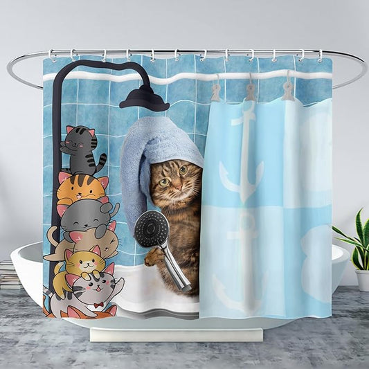 AILONEN Funny Cat Shower Curtain for Kids 72"W*72"H Inch, Cartoon Animal Bathroom Curtain,12 Pack Hooks Polyester Waterproof Fabric Decor for Bathroom,Cute Kitten Taking Shower Cloth Fabric Bathroom