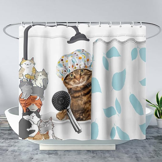 AILONEN Funny Cat with Shower Cap Shower Curtain for Kids 48" W*72" H Inch,Cute Cartoon Animals Bathroom Curtain,12 Pack Hooks Polyester Waterproof Fabric Decor for Bathroom,White