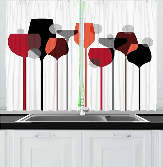 Ambesonne Wine Kitchen Curtains, Abstract Wine Glasses Silhouettes with Dots Alcohol Drink Modern, Window Drapes 2 Panel Set for Kitchen Cafe Decor, 55" x 24", Black Grey
